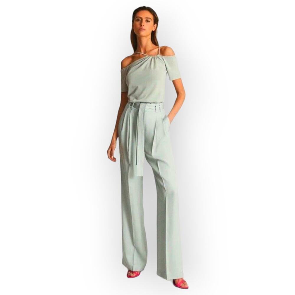 Reiss Cierra Off-Shoulder Strap Top M Ming Green Asymmetrical Modern Neutral